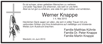 Traueranzeige von Werner Knappe von Tageszeitung