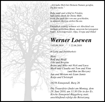 Traueranzeige von Werner Loewen von Tageszeitung