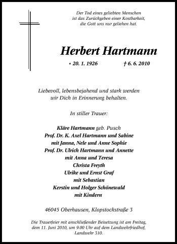 Traueranzeige von Herbert Hartmann von Tageszeitung