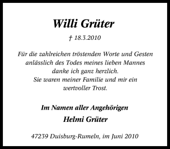 Traueranzeige von Willi Grüter von Tageszeitung