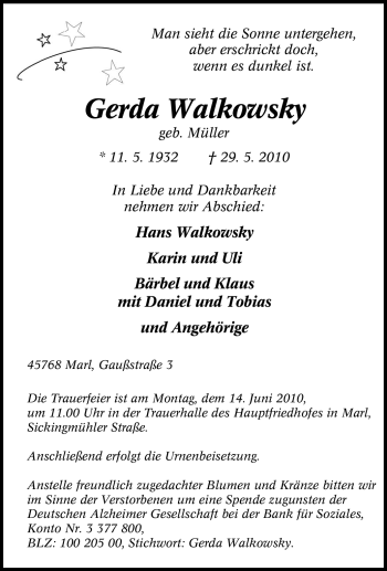 Traueranzeige von Gerda Walkowsky von Tageszeitung