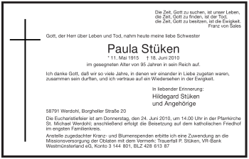 Traueranzeige von Paula Stüken von Tageszeitung