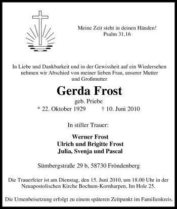 Traueranzeige von Gerda Frost von Tageszeitung