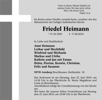 Traueranzeige von Friedel Heimann von Tageszeitung
