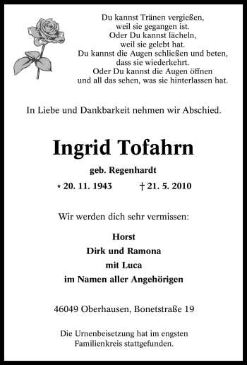 Traueranzeige von Ingrid Tofahrn von Tageszeitung
