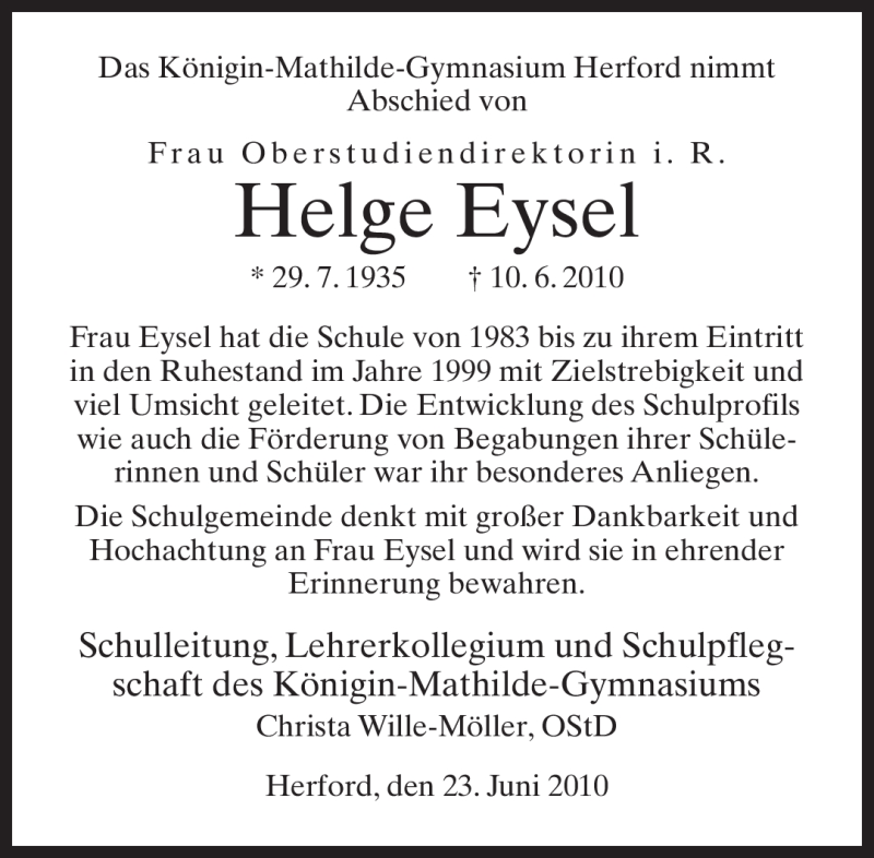  Traueranzeige für Helge Eysel vom 23.06.2010 aus Tageszeitung