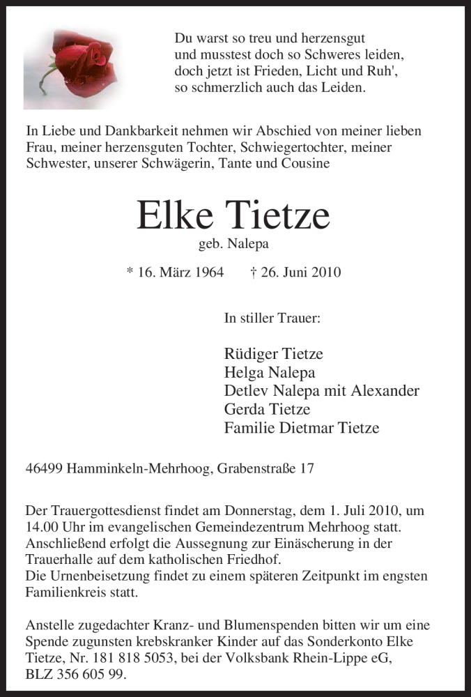  Traueranzeige für Elke Tietze vom 29.06.2010 aus Tageszeitung