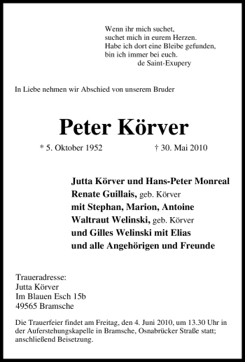 Traueranzeige von Peter Körver von Tageszeitung