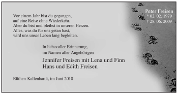 Traueranzeige von Peter Freisen von Tageszeitung