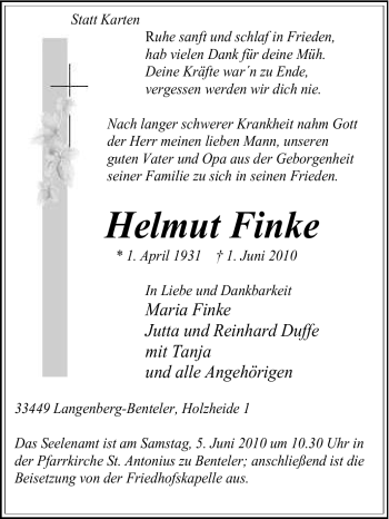 Traueranzeige von Helmut Finke von Tageszeitung