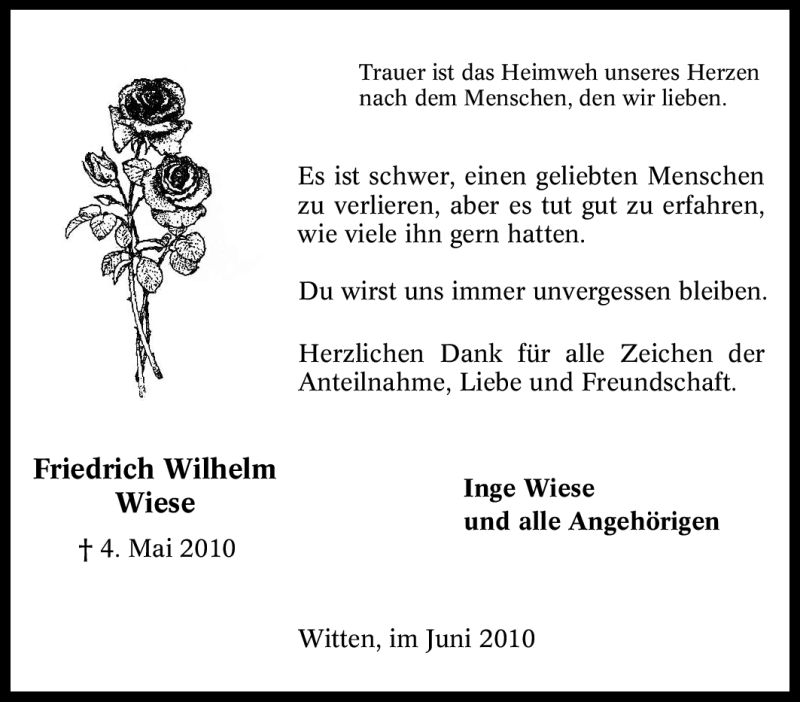  Traueranzeige für Friedrich Wilhelm Wiese vom 12.06.2010 aus Tageszeitung