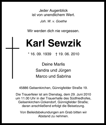Traueranzeige von Karl Sewzik von Tageszeitung