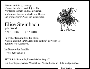 Traueranzeige von Elise Steinbach von Tageszeitung