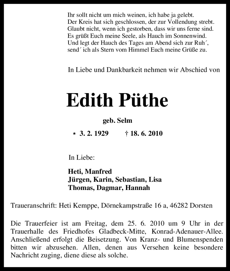  Traueranzeige für Edith Püthe vom 22.06.2010 aus Tageszeitung