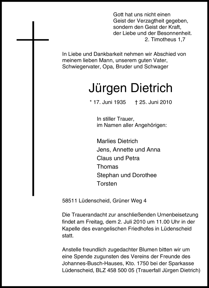  Traueranzeige für Jürgen Dietrich vom 29.06.2010 aus Tageszeitung
