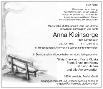 Traueranzeige von Anna Kleinsorge von Tageszeitung