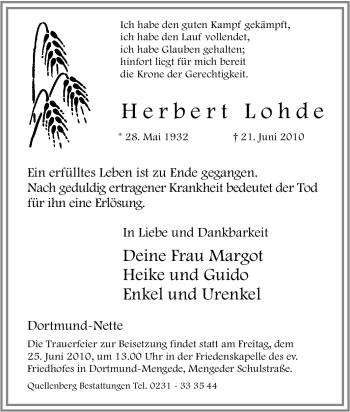 Traueranzeige von Herbert Lohde von Tageszeitung