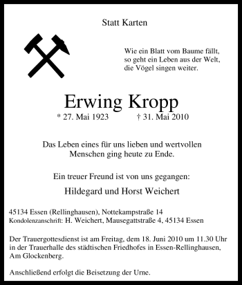 Traueranzeige von Erwing Kropp von Tageszeitung