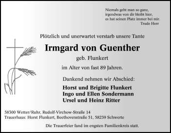 Traueranzeige von Irmgard von Guenther von Tageszeitung