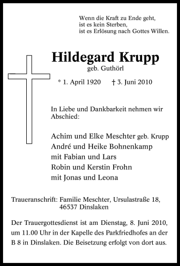 Traueranzeige von Hildegard Krupp von Tageszeitung