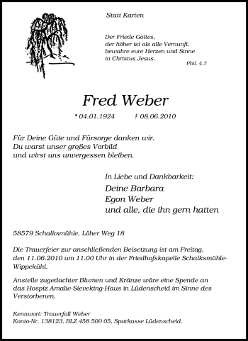 Traueranzeige von Fred Weber von Tageszeitung