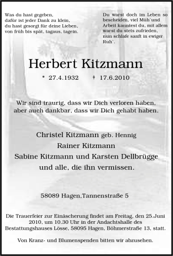 Traueranzeige von Herbert Kitzmann von Tageszeitung