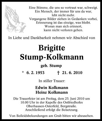 Traueranzeige von Brigitte Stump-Kolkmann von Tageszeitung