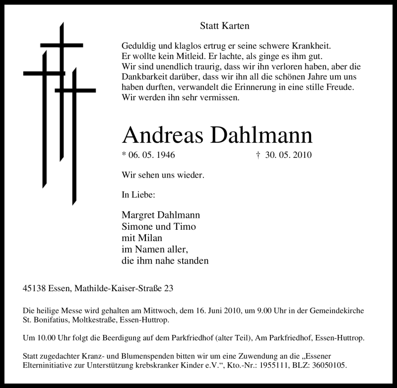  Traueranzeige für Andreas Dahlmann vom 12.06.2010 aus Tageszeitung