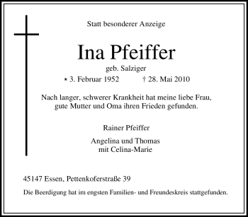 Traueranzeige von Ina Pfeiffer von Tageszeitung