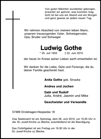 Traueranzeige von Ludwig Gothe von Tageszeitung
