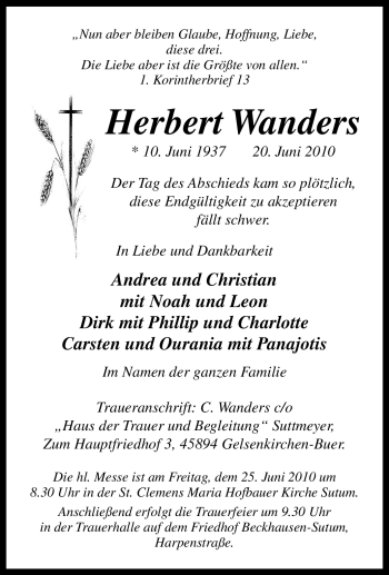 Traueranzeige von Herbert Wanders von Tageszeitung