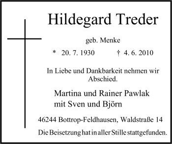 Traueranzeige von Hildegard Treder von Tageszeitung