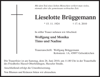 Traueranzeige von Lieselotte Brüggemann von Tageszeitung