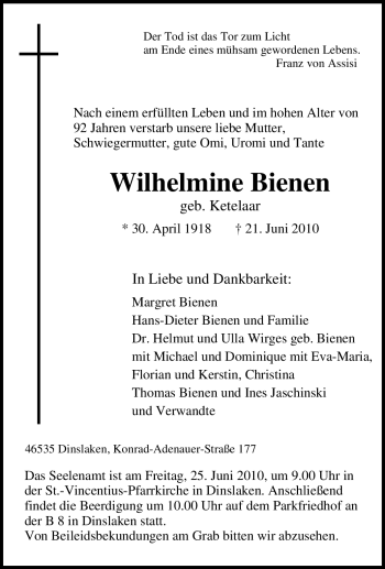 Traueranzeige von Wilhelmine Bienen von Tageszeitung
