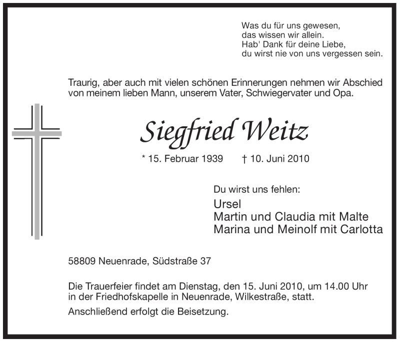  Traueranzeige für Siegfried Weitz vom 12.06.2010 aus Tageszeitung