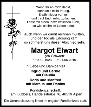 Traueranzeige von Margot Elwart von Tageszeitung