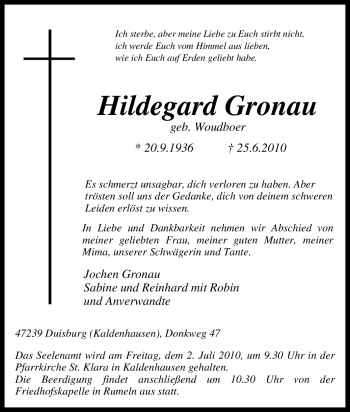 Traueranzeige von Hildegard Gronau von Tageszeitung