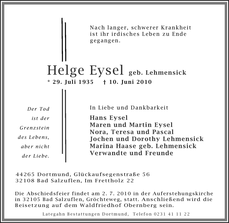  Traueranzeige für Helge Eysel vom 12.06.2010 aus Tageszeitung