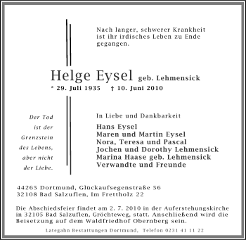 Traueranzeige von Helge Eysel von Tageszeitung