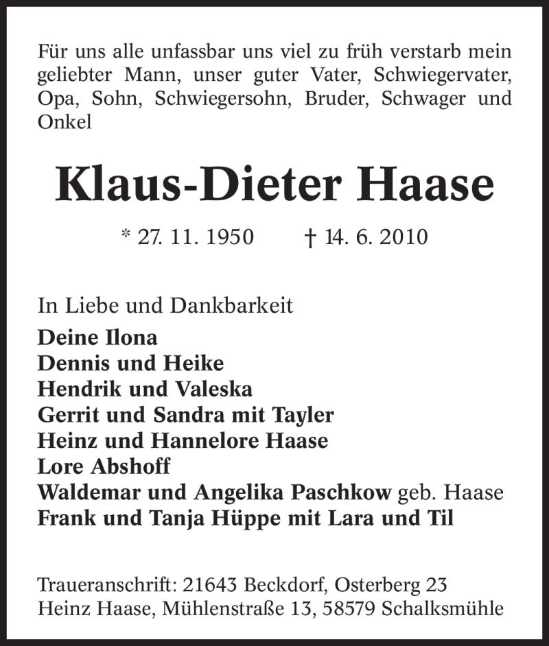  Traueranzeige für Klaus-Dieter Haase vom 19.06.2010 aus Tageszeitung