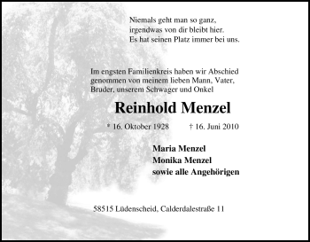 Traueranzeige von Reinhold Menzel von Tageszeitung
