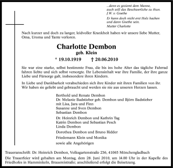Traueranzeige von Charlotte Dembon von Tageszeitung