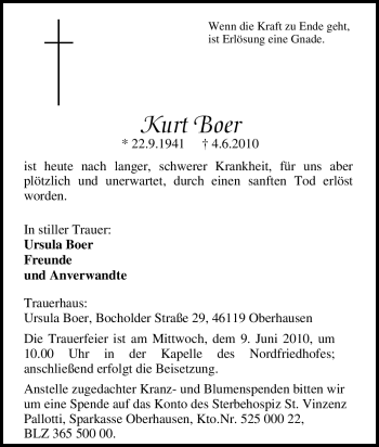 Traueranzeige von Kurt Boer von Tageszeitung