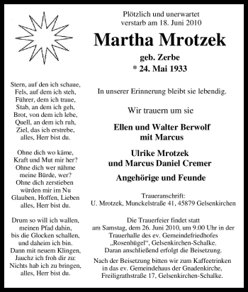 Traueranzeige von Martha Mrotzek von Tageszeitung