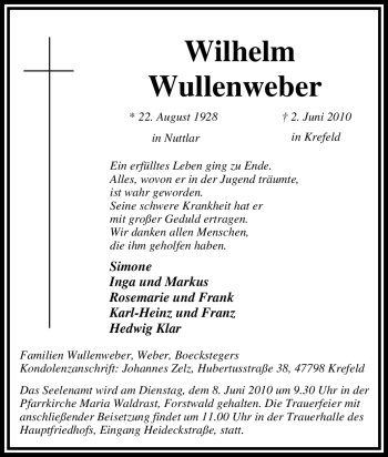 Traueranzeige von Wilhelm Wullenweber von Tageszeitung