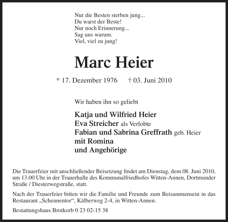 Traueranzeige für Marc Heier vom 07.06.2010 aus Tageszeitung
