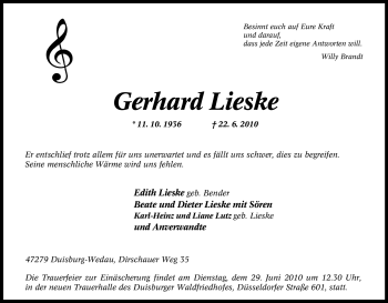 Traueranzeige von Gerhard Lieske von Tageszeitung