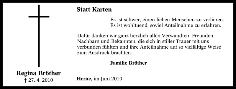  Traueranzeige für Regina Bröther vom 19.06.2010 aus Tageszeitung