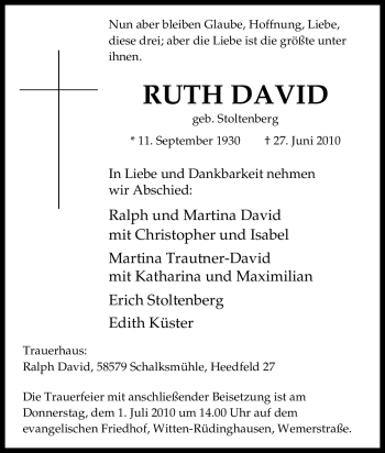 Traueranzeige von Ruth David von Tageszeitung