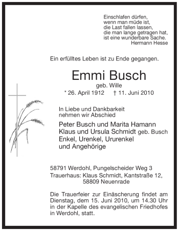 Traueranzeige von Emmi Busch von Tageszeitung